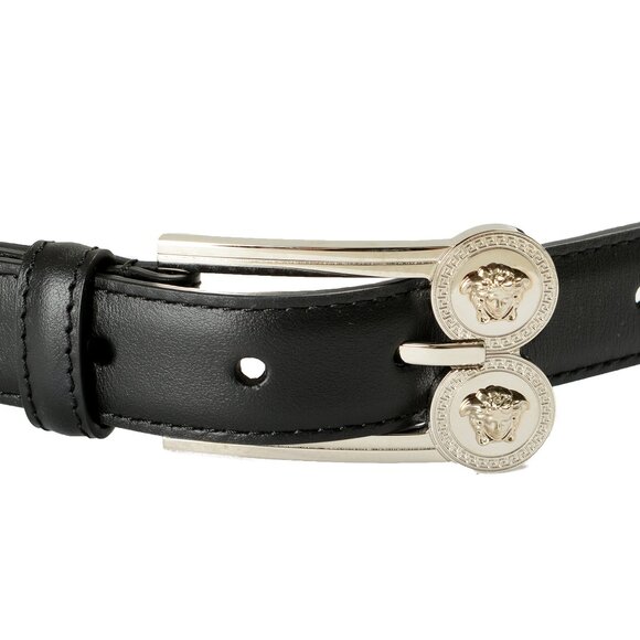 Versace Black 100% Leather Silver Medusa Heads Logo Decorated Belt US 34 IT 85 - Picture 3 of 6